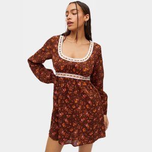 UO neve lace trim mini prairie dress with balloon sleeves in brown floral print